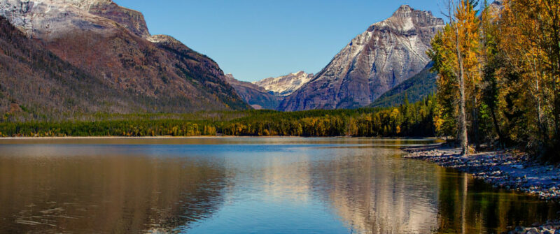 Lake McDonald and the mountains above it from Lake McDonald Lodge